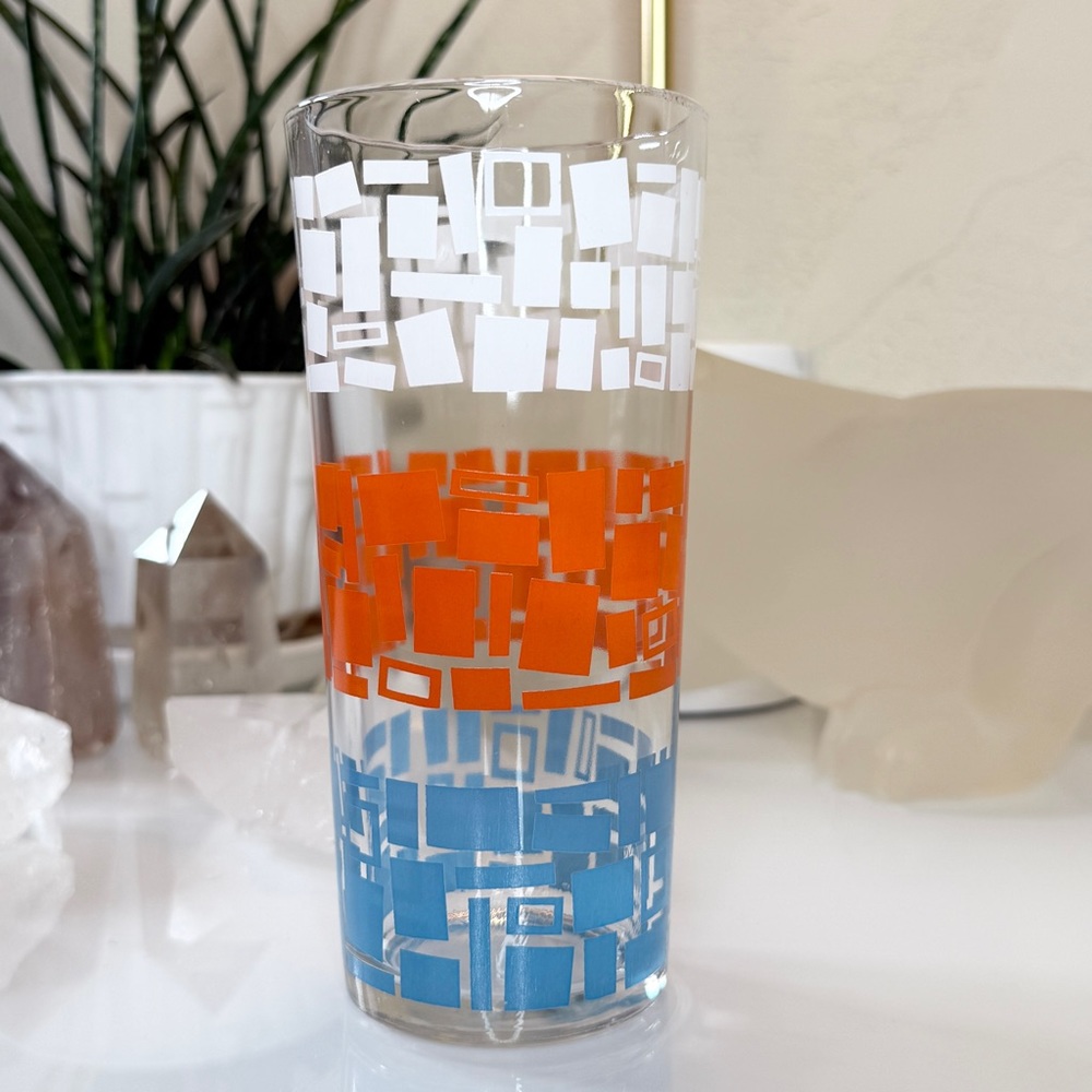 Vintage Mid Century Abstract Shapes Orange Blue White Tumbler Drinking Glass